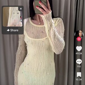 Zara yellow Long Sleeve Beaded Dress